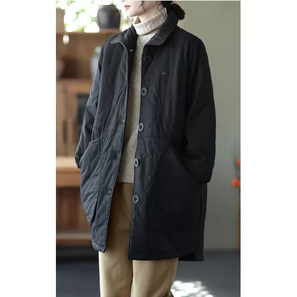 imagechouyatou Womens Midi Long Quilted Jacket Shacket Casual Oversized Puffer Jacket Winter CoatBlack