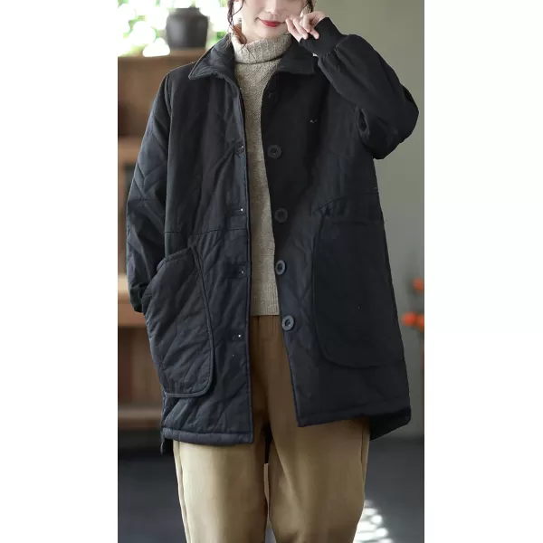 imagechouyatou Womens Midi Long Quilted Jacket Shacket Casual Oversized Puffer Jacket Winter CoatBlack