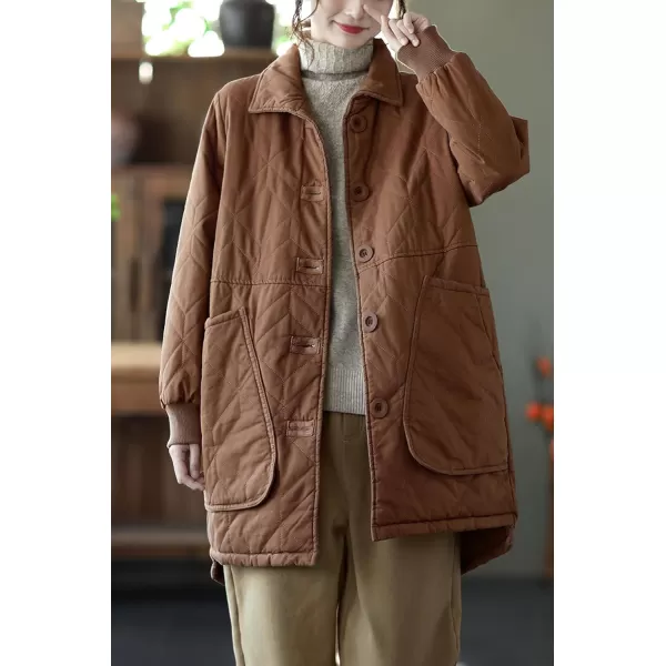 imagechouyatou Womens Midi Long Quilted Jacket Shacket Casual Oversized Puffer Jacket Winter CoatBrown