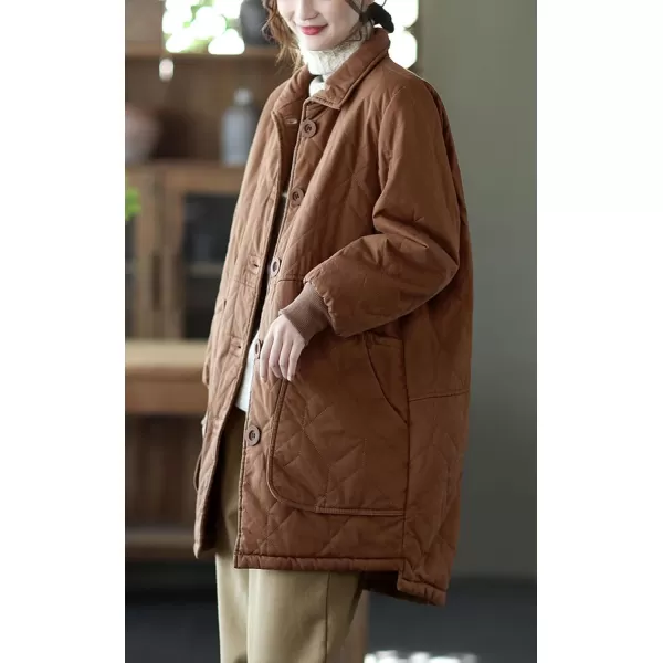 imagechouyatou Womens Midi Long Quilted Jacket Shacket Casual Oversized Puffer Jacket Winter CoatBrown