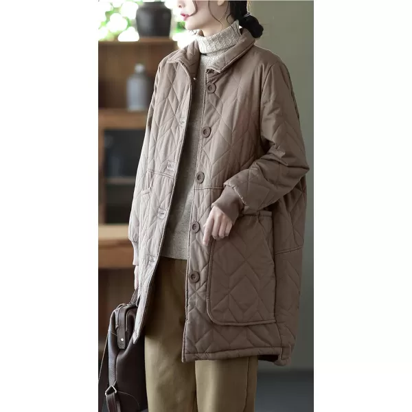 imagechouyatou Womens Midi Long Quilted Jacket Shacket Casual Oversized Puffer Jacket Winter CoatKhaki