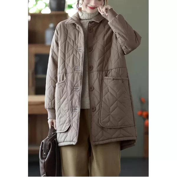 imagechouyatou Womens Midi Long Quilted Jacket Shacket Casual Oversized Puffer Jacket Winter CoatKhaki