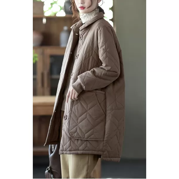 imagechouyatou Womens Midi Long Quilted Jacket Shacket Casual Oversized Puffer Jacket Winter CoatKhaki