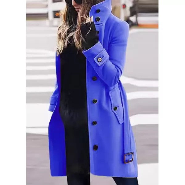 imagechouyatou Womens Single Breasted Stand Collar Wool Coat Business Casual Midi Long Winter Pea CoatBlue