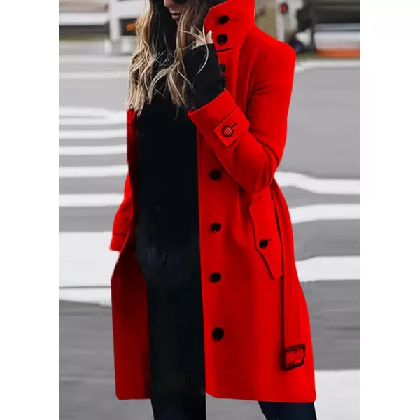 imagechouyatou Womens Single Breasted Stand Collar Wool Coat Business Casual Midi Long Winter Pea CoatRed