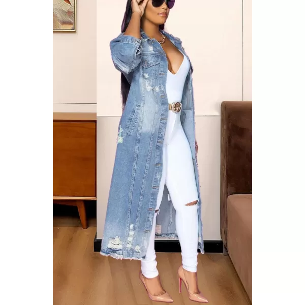 imagechouyatou Womens Spring Fashion Ripped Holes Maxi Long Denim Jacket Trench CoatBlue