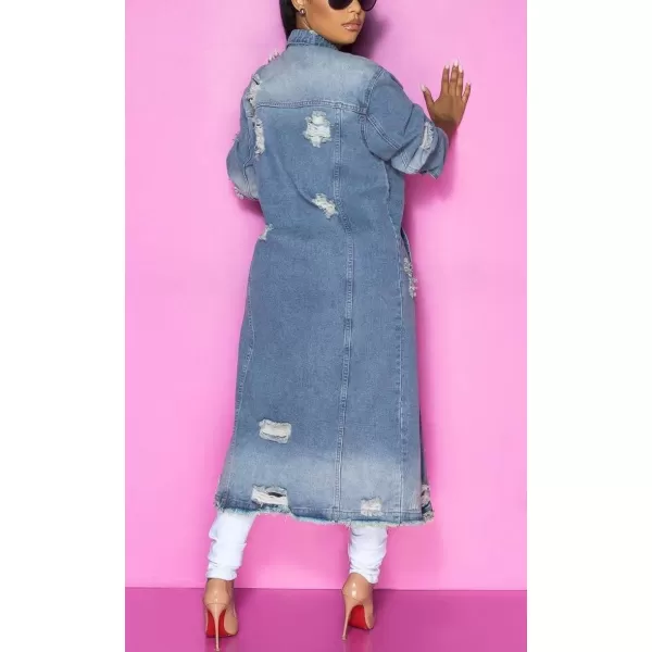 imagechouyatou Womens Spring Fashion Ripped Holes Maxi Long Denim Jacket Trench CoatBlue