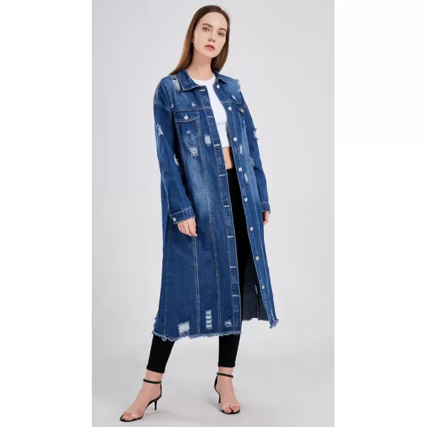 imagechouyatou Womens Spring Fashion Ripped Holes Maxi Long Denim Jacket Trench CoatDark Blue