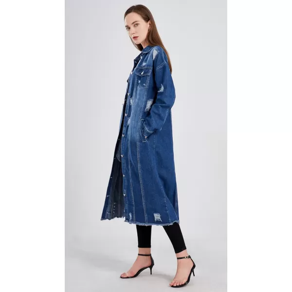 imagechouyatou Womens Spring Fashion Ripped Holes Maxi Long Denim Jacket Trench CoatDark Blue