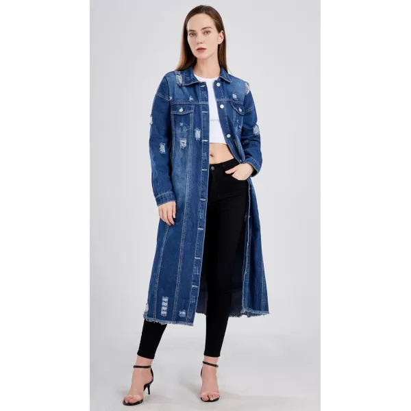 imagechouyatou Womens Spring Fashion Ripped Holes Maxi Long Denim Jacket Trench CoatDark Blue