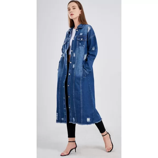 imagechouyatou Womens Spring Fashion Ripped Holes Maxi Long Denim Jacket Trench CoatDark Blue