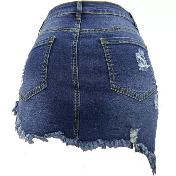 imagechouyatou Womens Stretch Fit 5Pocket Irregular Frayed Hem Mini Denim Jean SkirtDark Blue