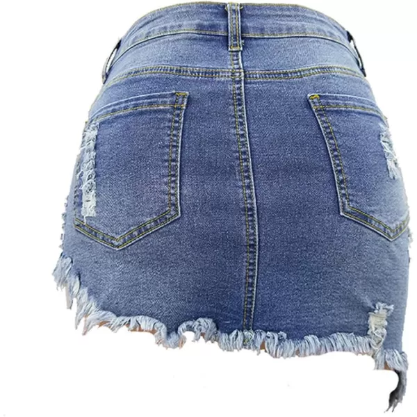 imagechouyatou Womens Stretch Fit 5Pocket Irregular Frayed Hem Mini Denim Jean SkirtLight Blue