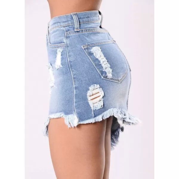 imagechouyatou Womens Stretch Fit 5Pocket Irregular Frayed Hem Mini Denim Jean SkirtLight Blue