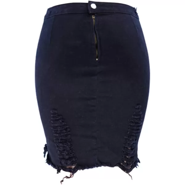 imagechouyatou Womens Stretchy Irregular Frayed Raw Hem Midi Denim Pencil SkirtBlack