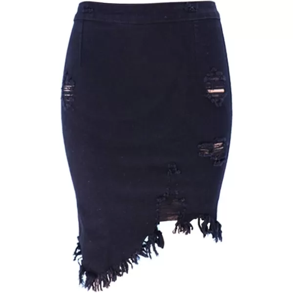 imagechouyatou Womens Stretchy Irregular Frayed Raw Hem Midi Denim Pencil SkirtBlack