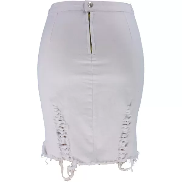 imagechouyatou Womens Stretchy Irregular Frayed Raw Hem Midi Denim Pencil SkirtWhite