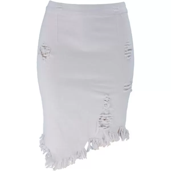 imagechouyatou Womens Stretchy Irregular Frayed Raw Hem Midi Denim Pencil SkirtWhite