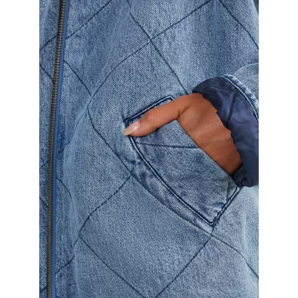 imagechouyatou Womens Vintage Quilted Denim Jacket Shacket Oversized Zip Up Puffer Jacket Winter CoatBlue