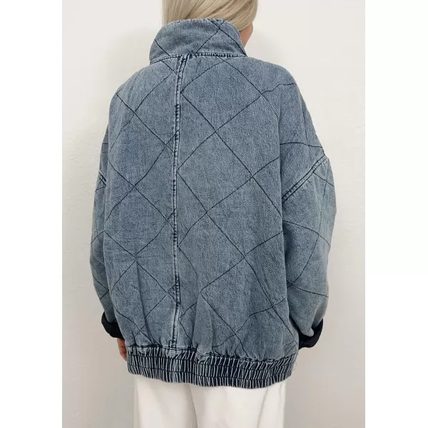 imagechouyatou Womens Vintage Quilted Denim Jacket Shacket Oversized Zip Up Puffer Jacket Winter CoatBlue
