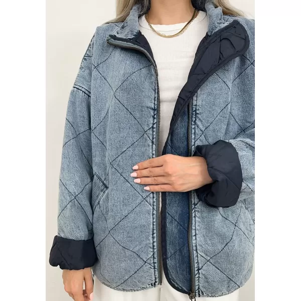 imagechouyatou Womens Vintage Quilted Denim Jacket Shacket Oversized Zip Up Puffer Jacket Winter CoatBlue