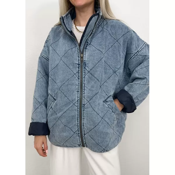 imagechouyatou Womens Vintage Quilted Denim Jacket Shacket Oversized Zip Up Puffer Jacket Winter CoatBlue