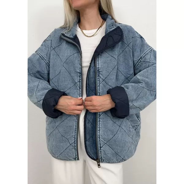 imagechouyatou Womens Vintage Quilted Denim Jacket Shacket Oversized Zip Up Puffer Jacket Winter CoatBlue