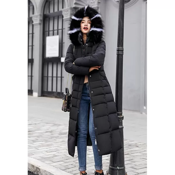 imagechouyatou Womens Warm Belted Maxi Long Padded Winter Coat Removable Fur HoodBlack