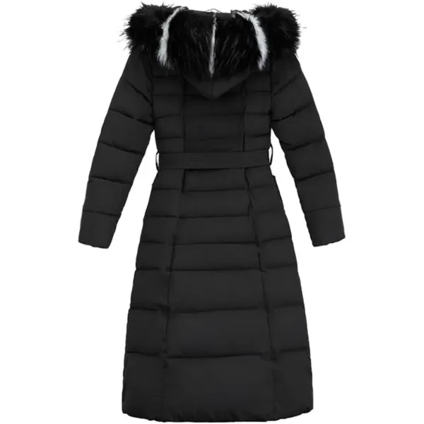 imagechouyatou Womens Warm Belted Maxi Long Padded Winter Coat Removable Fur HoodBlack