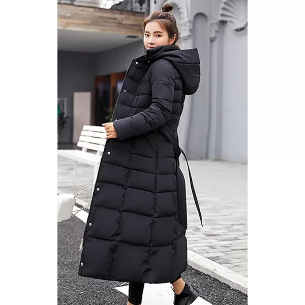 imagechouyatou Womens Warm Belted Maxi Long Padded Winter Coat Removable Fur HoodBlack