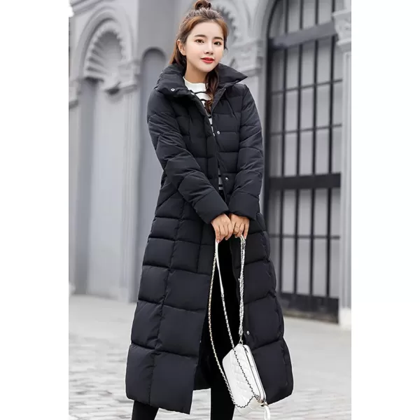 imagechouyatou Womens Warm Belted Maxi Long Padded Winter Coat Removable Fur HoodBlack
