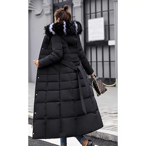imagechouyatou Womens Warm Belted Maxi Long Padded Winter Coat Removable Fur HoodBlack