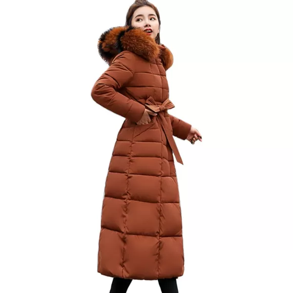 imagechouyatou Womens Warm Belted Maxi Long Padded Winter Coat Removable Fur HoodBrown