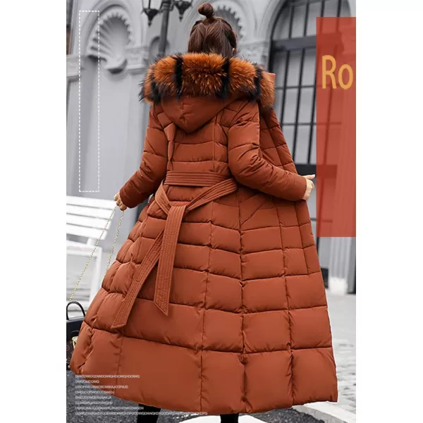 imagechouyatou Womens Warm Belted Maxi Long Padded Winter Coat Removable Fur HoodBrown