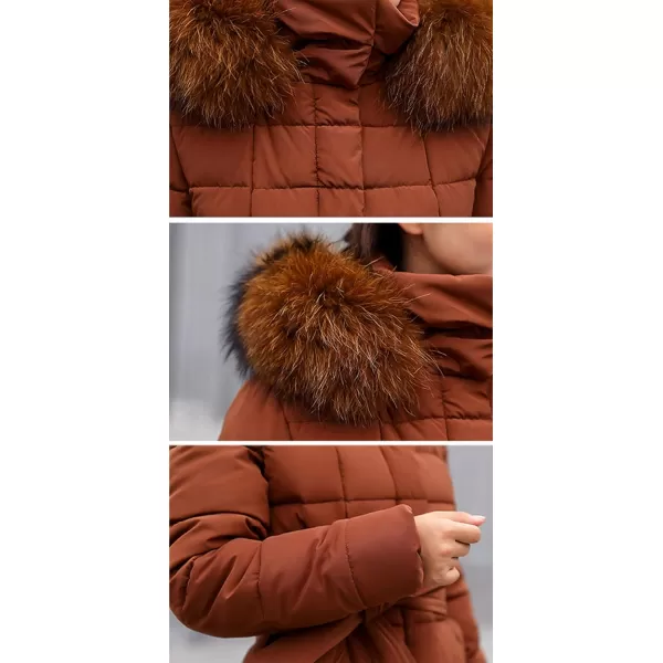 imagechouyatou Womens Warm Belted Maxi Long Padded Winter Coat Removable Fur HoodBrown