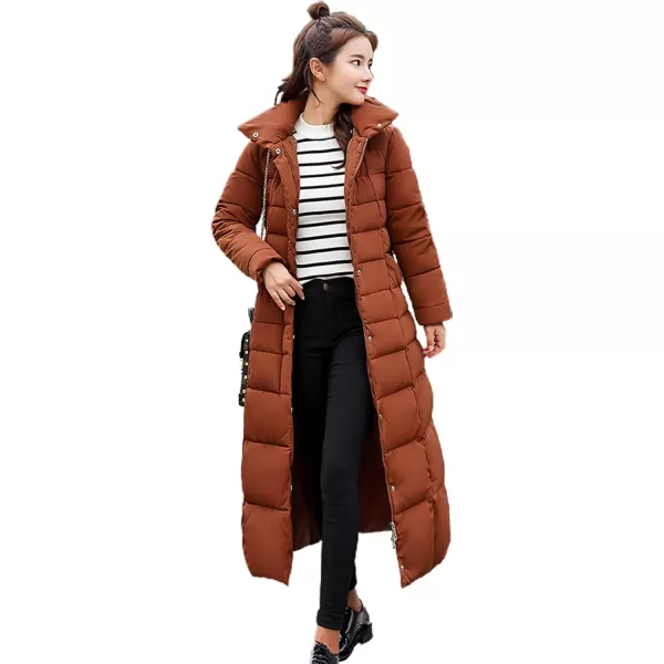 imagechouyatou Womens Warm Belted Maxi Long Padded Winter Coat Removable Fur HoodBrown
