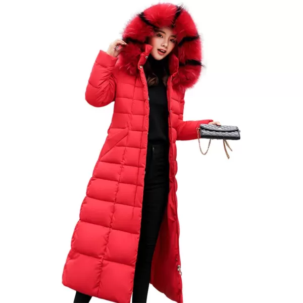 imagechouyatou Womens Warm Belted Maxi Long Padded Winter Coat Removable Fur HoodRed