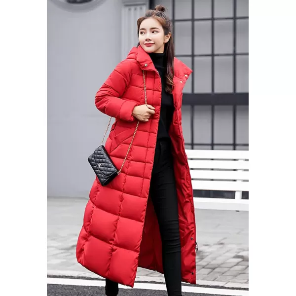 imagechouyatou Womens Warm Belted Maxi Long Padded Winter Coat Removable Fur HoodRed