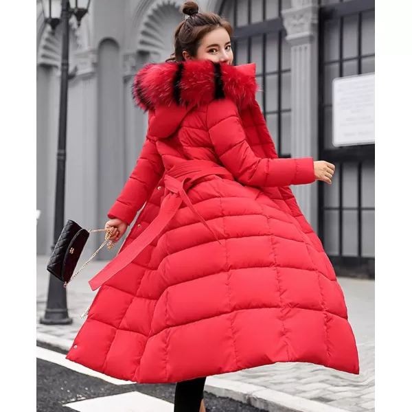 imagechouyatou Womens Warm Belted Maxi Long Padded Winter Coat Removable Fur HoodRed