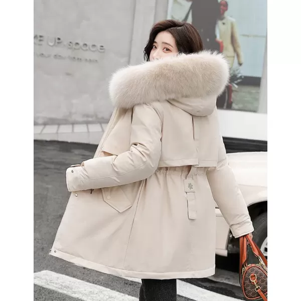 imagechouyatou Womens Windproof Sherpa Lined Faux Fur Hood Winter Parka Coat JacketBeige White