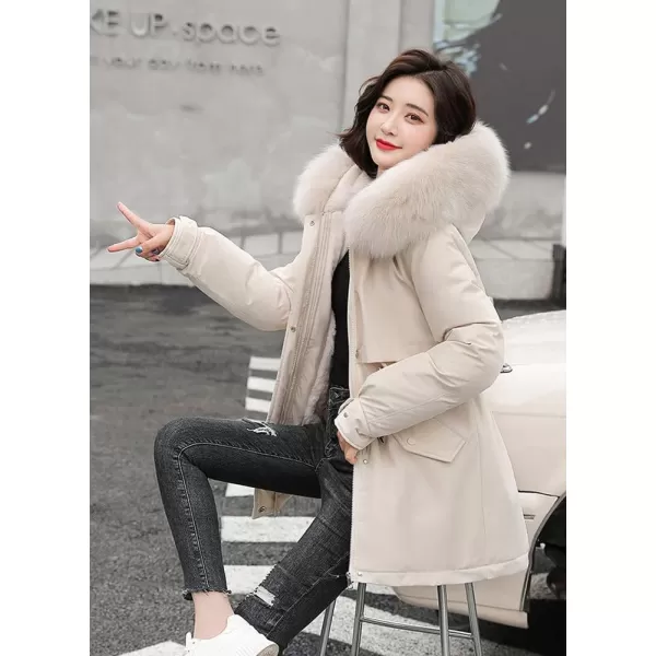 imagechouyatou Womens Windproof Sherpa Lined Faux Fur Hood Winter Parka Coat JacketBeige White