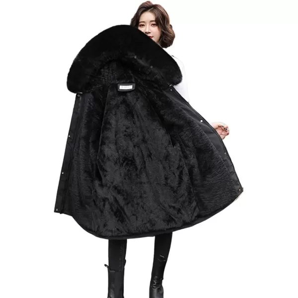 imagechouyatou Womens Windproof Sherpa Lined Faux Fur Hood Winter Parka Coat JacketBlack