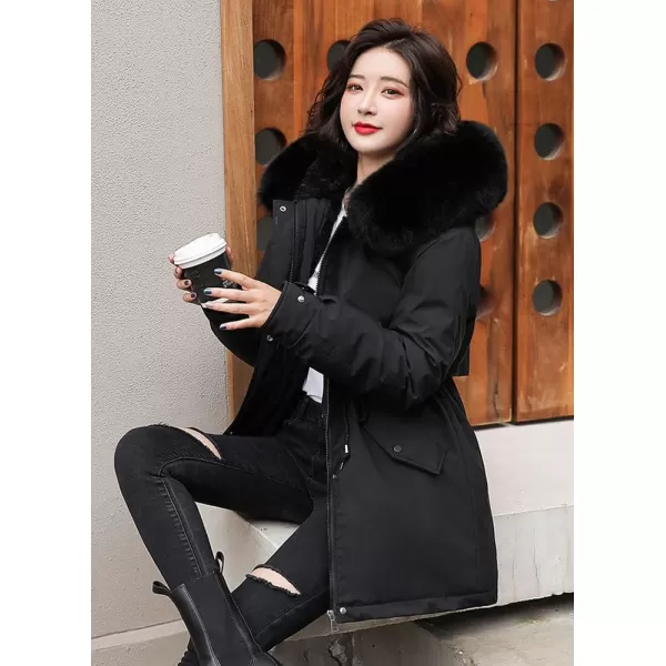 imagechouyatou Womens Windproof Sherpa Lined Faux Fur Hood Winter Parka Coat JacketBlack