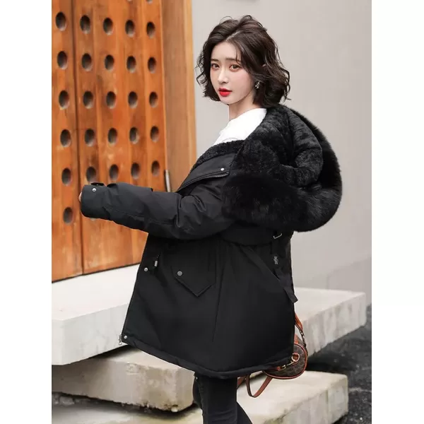 imagechouyatou Womens Windproof Sherpa Lined Faux Fur Hood Winter Parka Coat JacketBlack