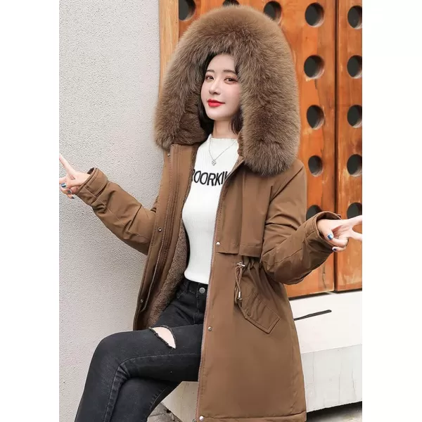 imagechouyatou Womens Windproof Sherpa Lined Faux Fur Hood Winter Parka Coat JacketCoffee