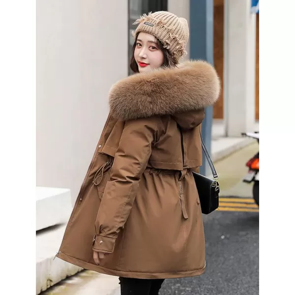 imagechouyatou Womens Windproof Sherpa Lined Faux Fur Hood Winter Parka Coat JacketCoffee