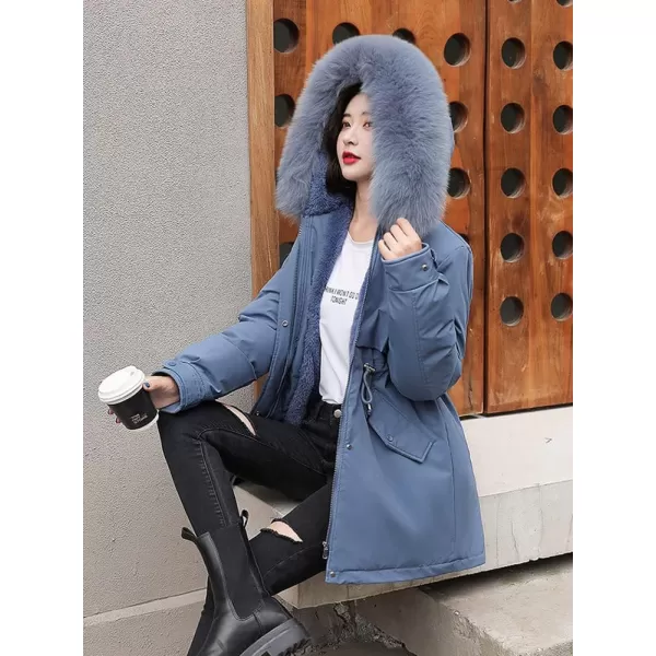 imagechouyatou Womens Windproof Sherpa Lined Faux Fur Hood Winter Parka Coat JacketHaze Blue