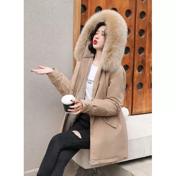 imagechouyatou Womens Windproof Sherpa Lined Faux Fur Hood Winter Parka Coat JacketKhaki