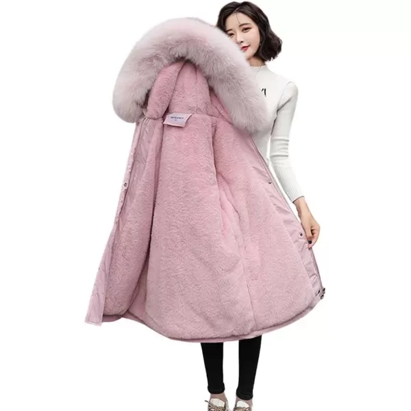 imagechouyatou Womens Windproof Sherpa Lined Faux Fur Hood Winter Parka Coat JacketPink