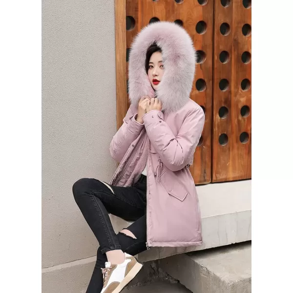 imagechouyatou Womens Windproof Sherpa Lined Faux Fur Hood Winter Parka Coat JacketPink